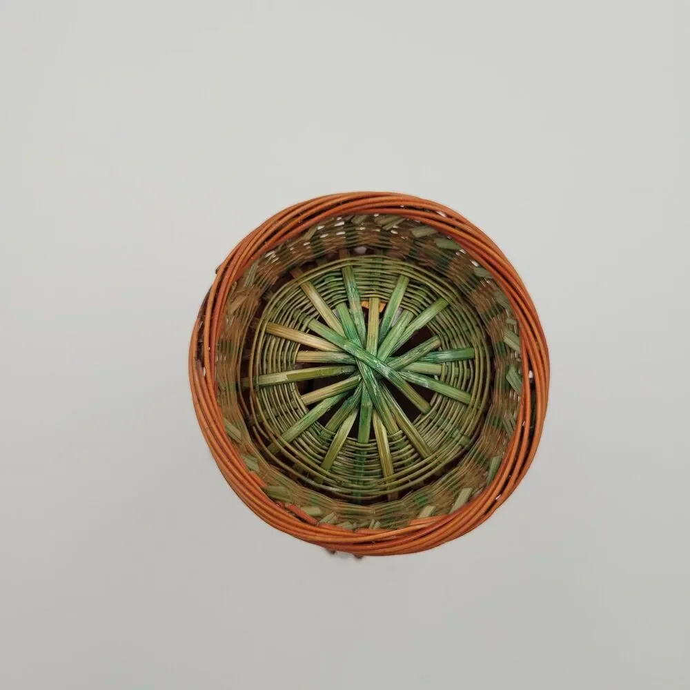 Vintage Hand Woven Bamboo Rattan Bud Vase Ceramic Insert 8.5”H Cottage Boho